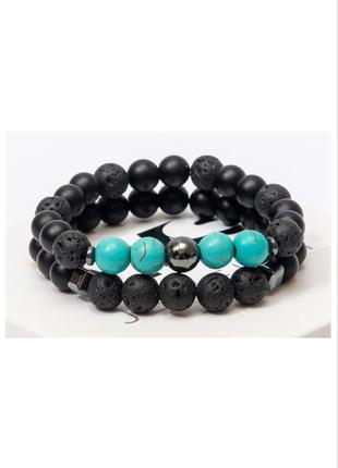 Подвійний браслет dms jewelry з шунгіта, лавового каменю, бірюзи double turquoise eye