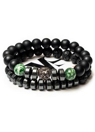 Подвійний браслет чоловічий dms jewelry з шунгіту, гематиту, агата з левом green agate lion