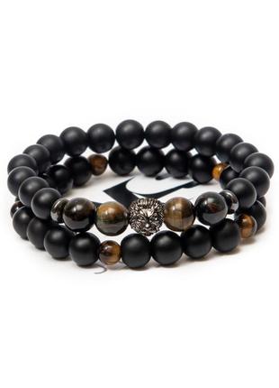 Подвійний браслет чоловічий dms jewelry з шунгіта, гематиту, тигрового ока lion brown