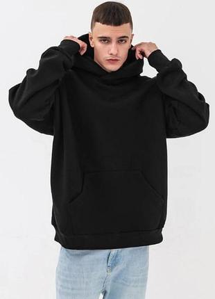 Мужская кофта осенняя тёплая худи rey oversize с капюшоном черного цвета без принтов и рисунков s