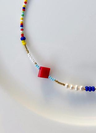 Чокер из бисера с натуральными жемчужинами и кораллом, чокер микс разноцветный с жемчугом, ожерелье из жемчужин, трендовое ожерелье летнее4 фото