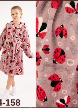 Домашній дитячий халат з капюшоном на дівчинку, халати на запах для дівчаток з малюнком, дитячий красивий халат вельсофт