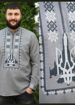 Патриотическая вышитая рубашка серая, модная вышиванка мужская с длинным рукавом, мужские вышиванки из льна