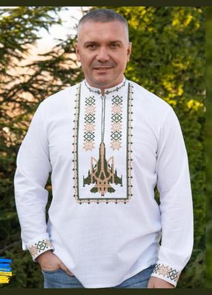 Современная белая вышиванка с тризубом, рубашка с вышивкой мужская льняная, мужские вышиванки праздничные лен