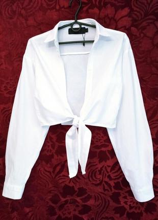 Белая укороченная рубашка на завязках короткая рубашка топ9 фото