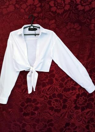 Белая укороченная рубашка на завязках короткая рубашка топ2 фото