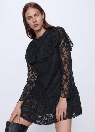 Чорне мереживне плаття-комбінезон із мереживною оборкою в романтичному стилі бароко zara9 фото