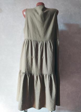 Расклешенное ярусное платье из смесового льна цвета хаки 50-52-54 размера3 фото