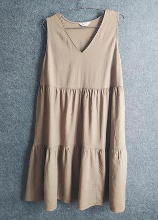 Расклешенное ярусное платье из смесового льна цвета хаки 50-52-54 размера6 фото