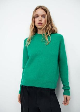Стильный зеленый пушистый шерстяной/альпака свитер, джемпер, реглан zara, p.s/m