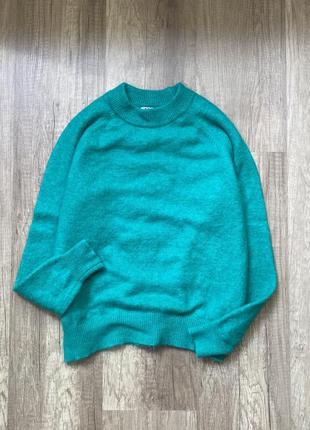 Стильный зеленый пушистый шерстяной/альпака свитер, джемпер, реглан zara, p.s/m3 фото