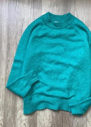 Стильний зелений пухнастий вовняний/альпака светр, джемпер, реглан zara, p.s/m5 фото