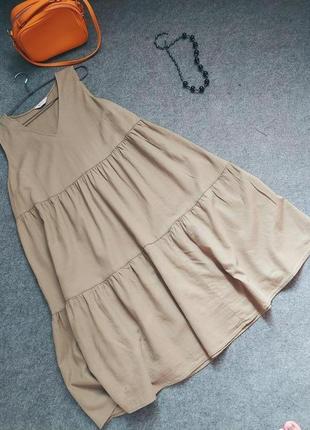 Расклешенное ярусное платье из смесового льна цвета хаки 50-52-54 размера4 фото