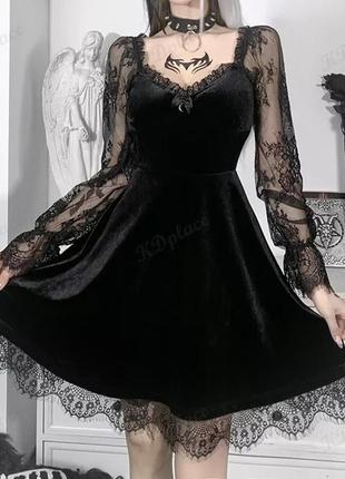 Готическое платье миди с рукавами kd119 бархатное с кружевом s черное (119)