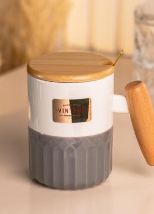 Чашка керамическая с бамбуковой крышкой и ручкой  400 мл серая