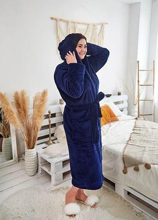 Халат махровый женский батал 2xl-5xl длинный с капюшоном синий/электрик