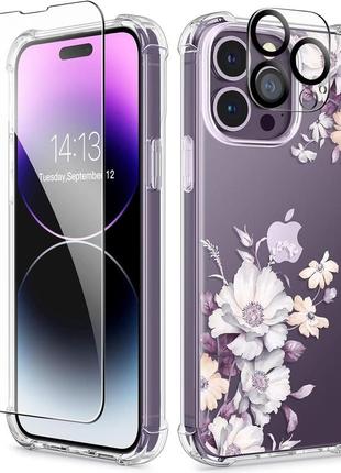 Gviewin призначений для iphone 14 pro max чохол, захисна плівка для екрану + захисна плівка для камери квітковий ударостійкий