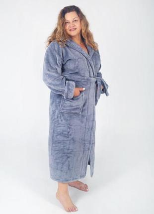 Халат махровий жіночий батал 2xl-5xl довгий з капюшоном сірий/графіт