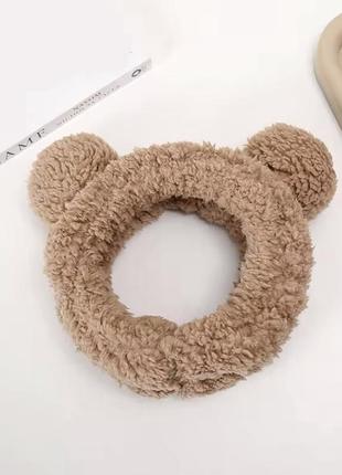 Пов'язка на голову тепла плюшева "ведмідь" з вушками бежевий, wuke one size