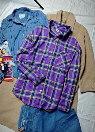 Сорочка лілова в клітинку жовта з довгим рукавом оверсайз вільна