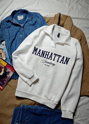 Defacto свитшот поло белый темно синий оверсайз свободный базовый теплый на флисе