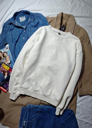 Defacto свитшот бежевый молочный теплый на флисе базовый оверсайз