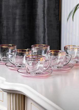 Чашки зі блюдцем скляні прозорі набір на 6 осіб dm-11