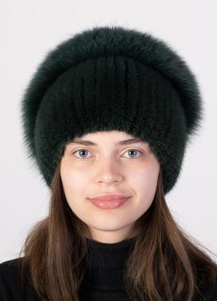 Женская вязаная шапка из норки с помпоном из меха песца
