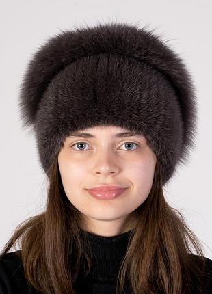 Женская вязаная шапка из норки с помпоном из меха песца