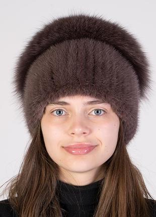 Женская вязаная шапка из норки с помпоном из меха песца