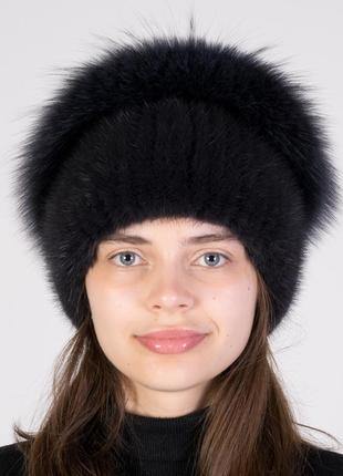 Женская вязаная шапка из норки с помпоном из меха песца