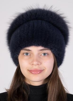Женская вязаная шапка из норки с помпоном из меха песца