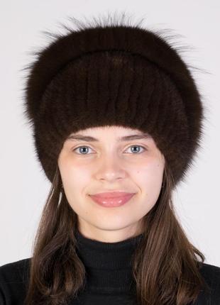 Женская вязаная шапка из норки с помпоном из меха песца