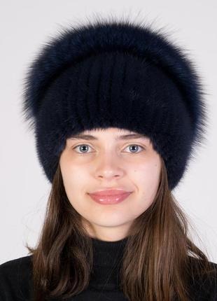 Женская вязаная шапка из норки с помпоном из меха песца