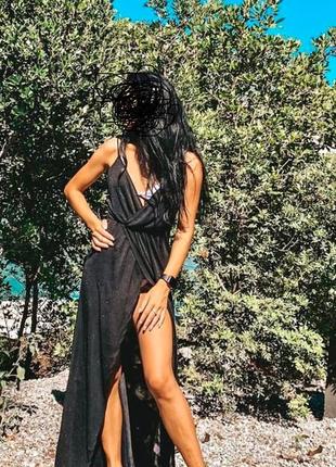 Платье черное женское пляжное секси длинное в пол спереди с разрезом стильное элегантное нарядное