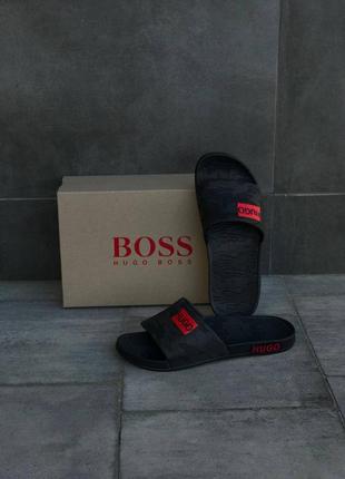 Мужские шлепанцы hugo boss черные тапочки hugo boss