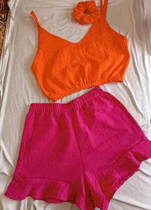 Комплект домашний из муслин топ шорты рюшами пижама муслин батал