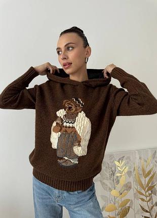 Свитер в стиле ralphlauren с капюшоном коричневый беж 90% шерсть