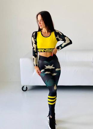 Качественный женский фитнес костюм military yellow1 фото