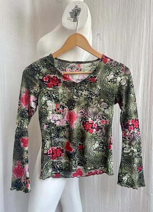 Лонгслів сітка з принтом готичних квітів абстрактний малюнок трайбл ( girbaud, cop copine, save the gueen, jean paul gualtier )