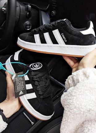 Женские кроссовки adidas campus черные (коричневая подошва)