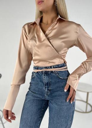 Шовкова  вкорочена блузка назапах з довгими рукавами