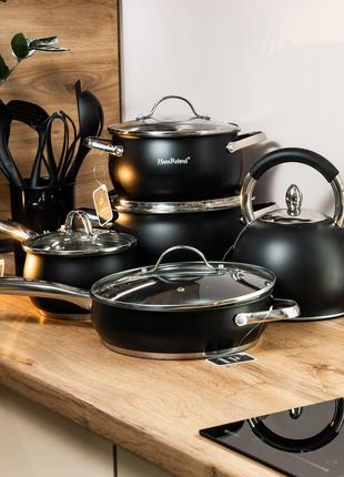 Великий набір кухонного посуду з нержавіючої сталі каструлі з товстим дном, сковорода, чайник, набір лопаток