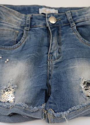 Нарядні джинсові шорти дівчинці бісер пайєтки рвані шорти2 фото