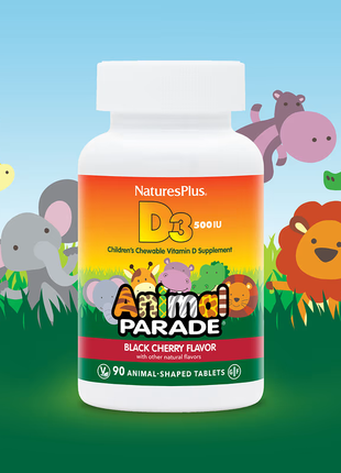 Nature's plus, source of life, animal parade, вітамін d3, смак натуральної черемхи, 500 мо, 90 шт.