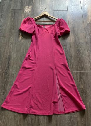 Shein m рожеве вечірнє плаття сукня стретч святкова з розрізом міді рукав ліхтарик