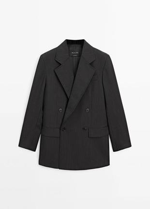 Черный удлиненный пиджак двубортный в полоску massimo dutti 38