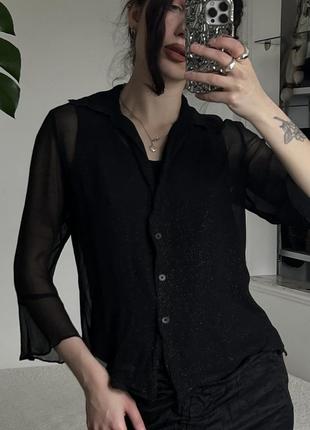 Черная винтажная шелковая блуза1 фото