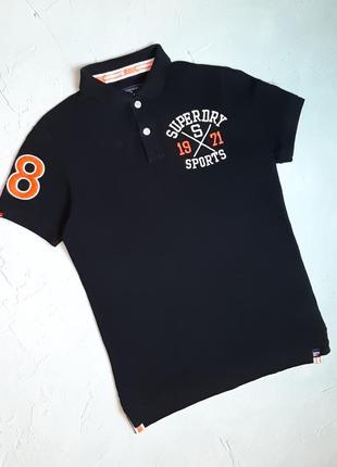 🎁1+1=3 брендовая черная футболка поло superdry, размер 44 - 46