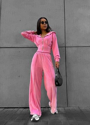 Ніжний велюровий костюм укорочене худі на замку з елементом корсету та широкі штани